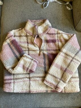 Thread & Supply Cream and Pink Plaid Sherpa Half-Zip Pullover